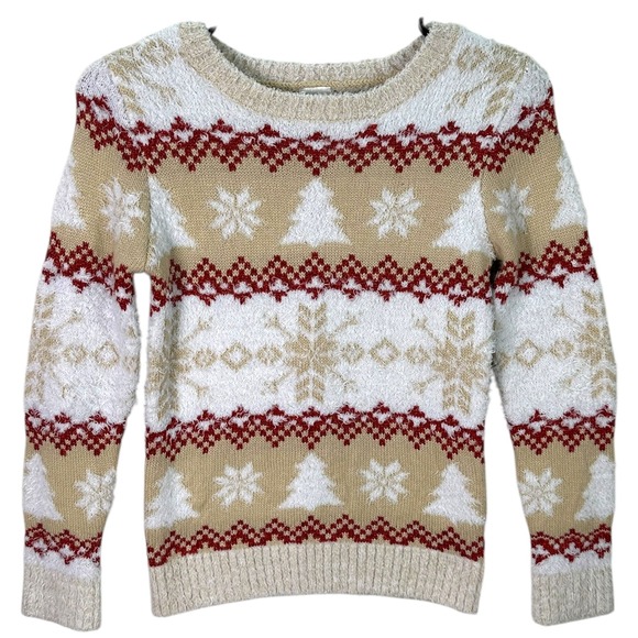 🌸3/$15🌸 Girls Ugly Christmas Sweater Size M 7-8 Tan Red White Trees‎ Snowflakes - Picture 8 of 8